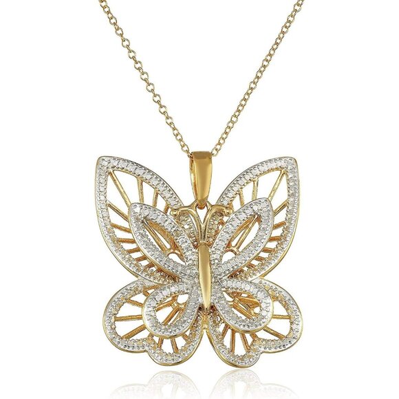 18k Yellow Gold Plated Necklace with Diamond Accents, Filigree Butterfly Gold